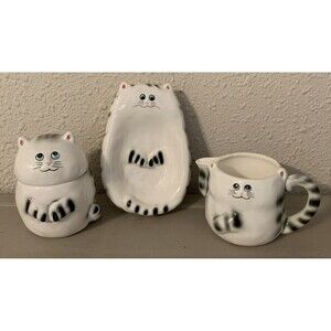 Vintage Lefton Fat Cat Coffee Set Sugar Bowl Creamer Tea Bag Spoon Rest Kitschy